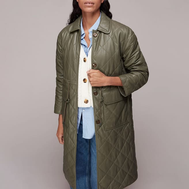 WHISTLES Khaki Millie Quilted Leather Coat