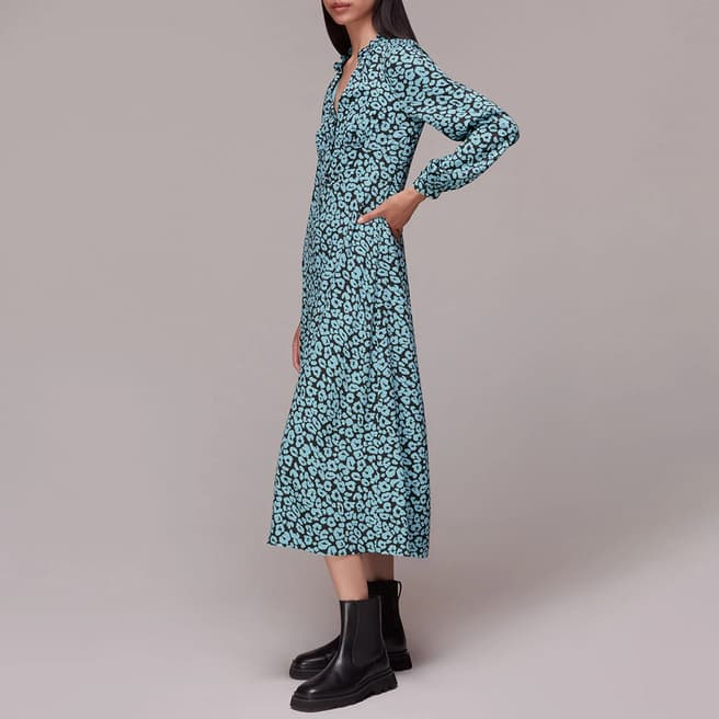WHISTLES Blue Fuzzy Leopard Midi Dress