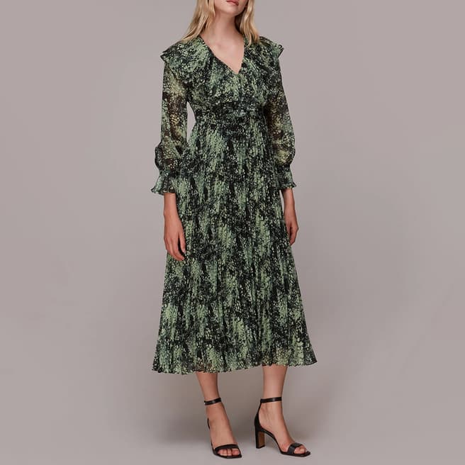 WHISTLES Green Printed Pleated Midi Dress