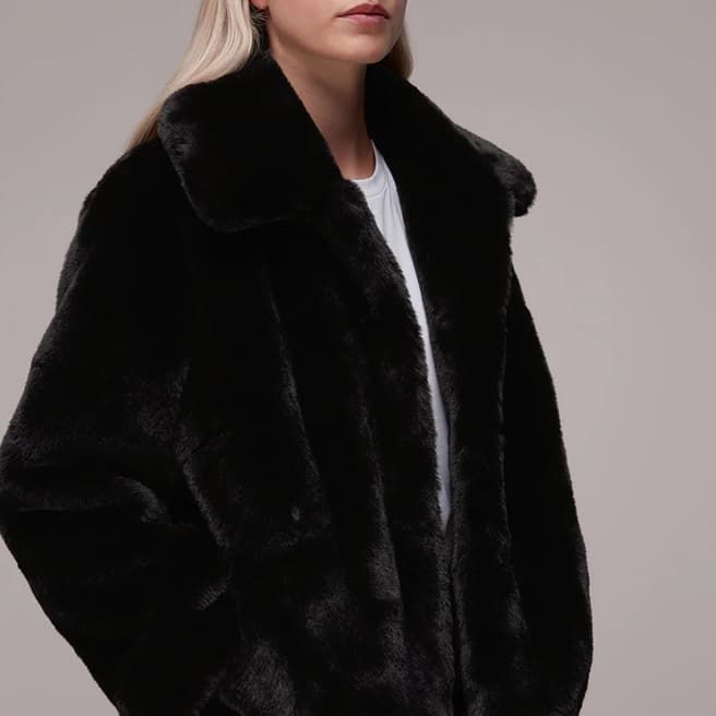 WHISTLES Black Drew Faux Fur Coat