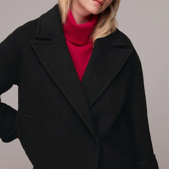 WHISTLES Black Relaxed Cropped Wool Blend Coat