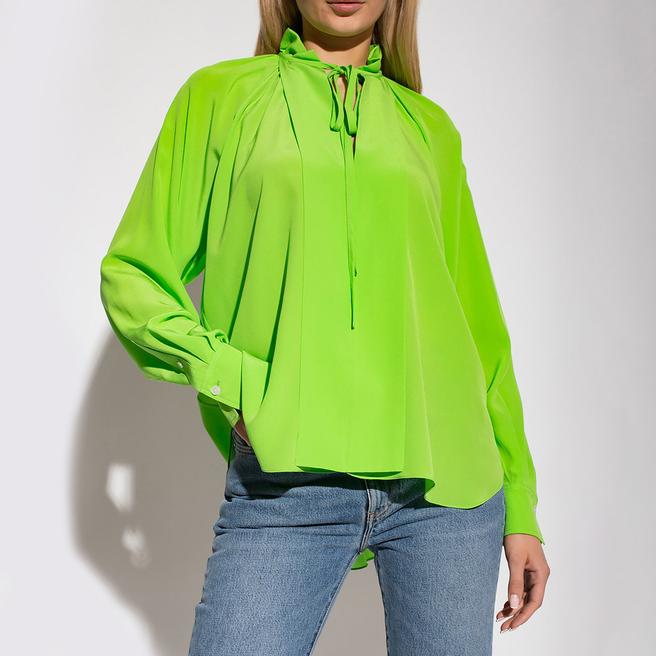 Victoria Beckham Green Silk Ruched Neck Blouse