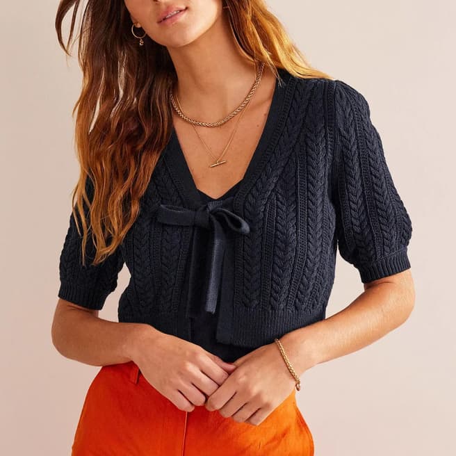Boden Navy Bow-Trim Cropped Cardigan