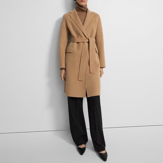 Theory Camel Belted Wool Blend Coat