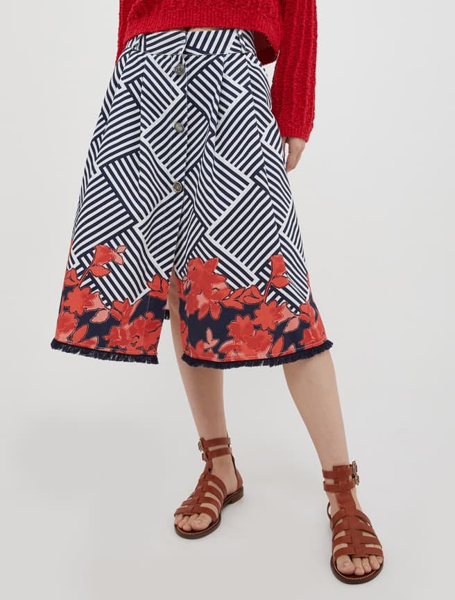 Max&Co. Navy/Red Annotare Pattern Button Cotton Skirt