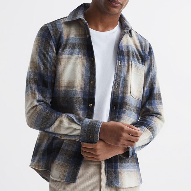 Reiss Blue/Multi Frey Brushed Check Wool Blend Jacket