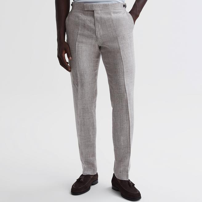 Reiss Beige Angel Puppytooth Slim Linen Trousers