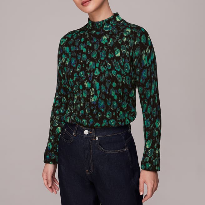 WHISTLES Black/Green Blurred Floral Knit Top