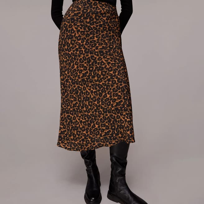 WHISTLES Brown Classic Leopard Bias Cut Skirt