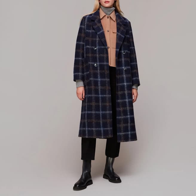 WHISTLES Navy Wool Double Breasted Check Coat