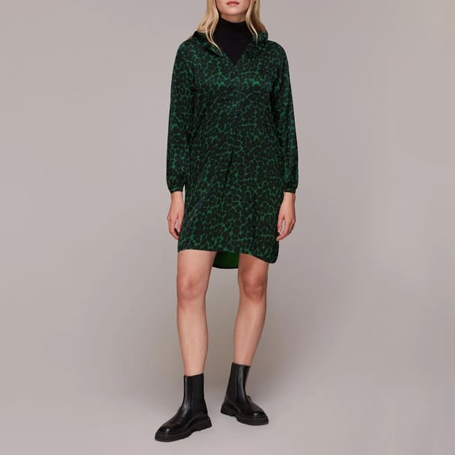 WHISTLES Green Smudge Animal Frill Dress