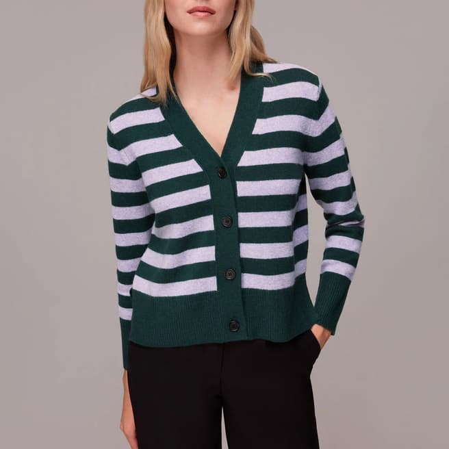 WHISTLES Green Stripe Wool Cardigan