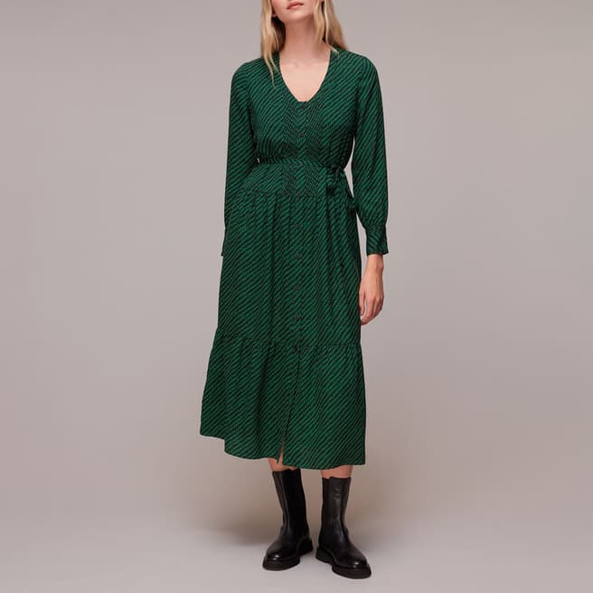 WHISTLES Green Printed Midi Dress