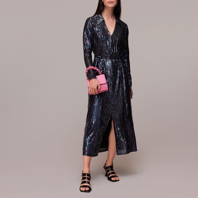 WHISTLES Black Stripe Sequin Midi Dress 