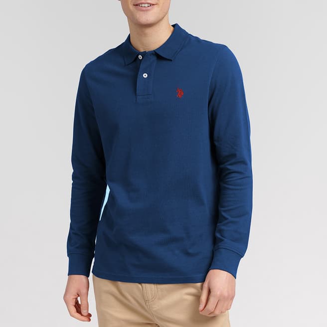 U.S. Polo Assn. Blue Long Sleeve Pique Cotton Polo Shirt
