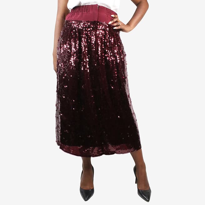 Pre-Loved Tibi Burgundy Sequin-Embellished Silk Midi Skirt UK 14