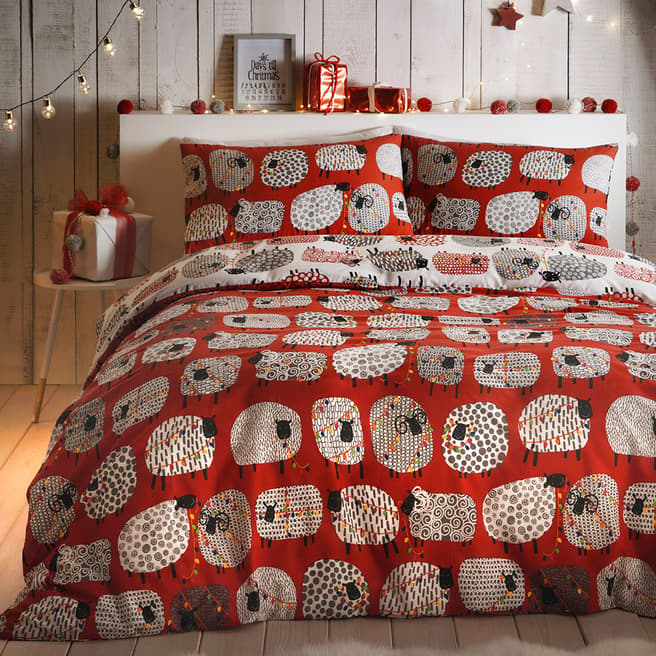 Fusion Dotty Sheep Christmas Double Duvet Cover Set, Red