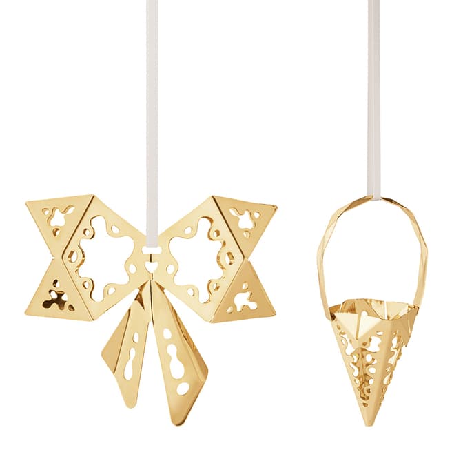 Georg Jensen Holiday Ornament 2022 Bow & Cone Tree Pendant Set, Gold