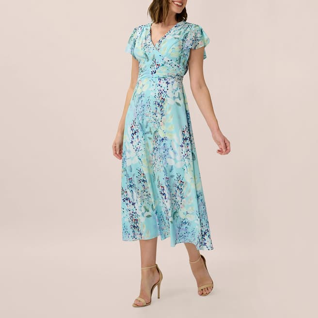 Adrianna Papell Light Blue Floral Printed Fit And Flare Dress