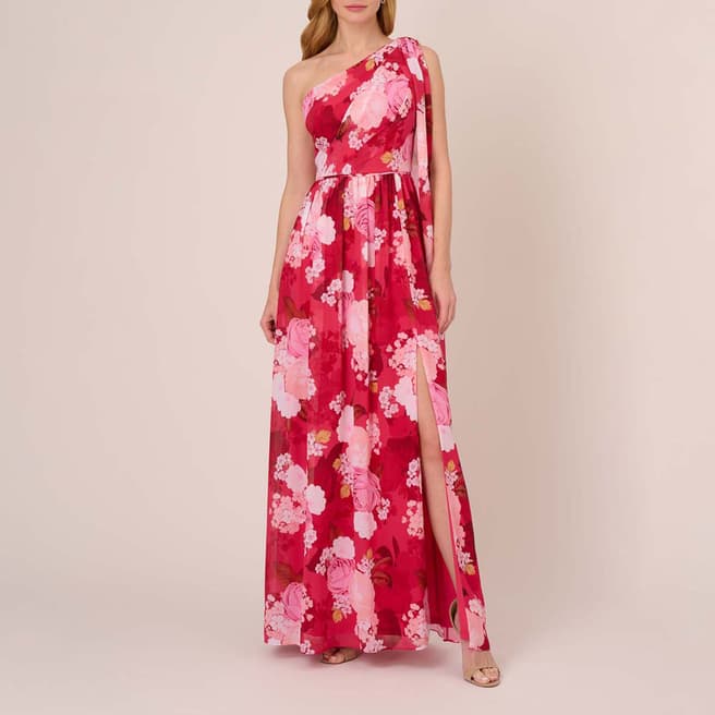Adrianna Papell Pink/Multi One Shoulder Chiffon Dress