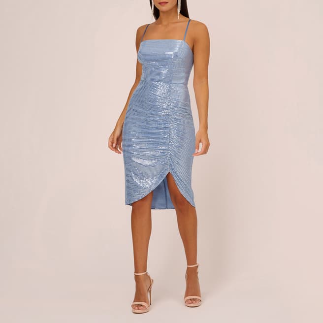 Adrianna Papell Light Blue Metallic Knit Ruched Dress