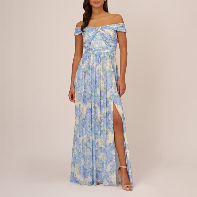 Adrianna Papell Blue/Multi Printed Off Shoulder Dress