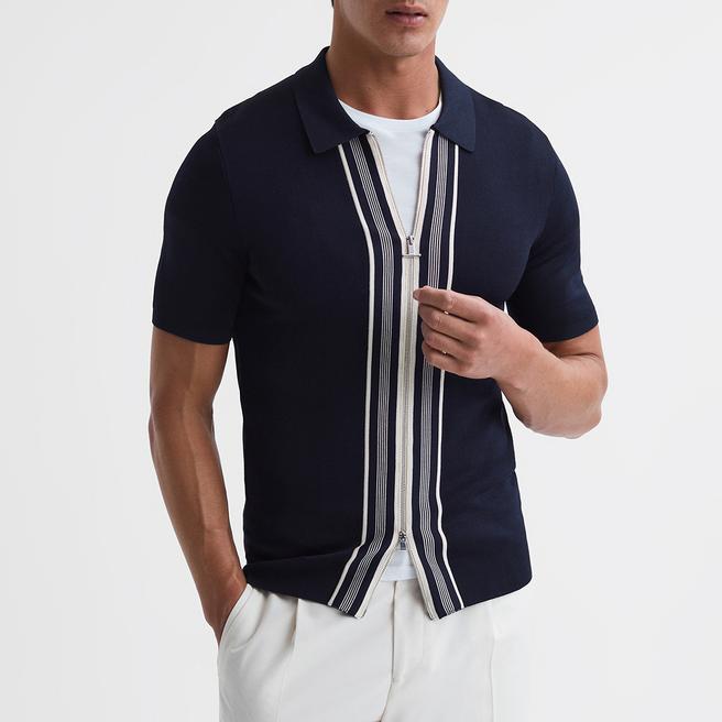 Reiss Navy Castleton Zip Through Cotton Blend Polo Shirt