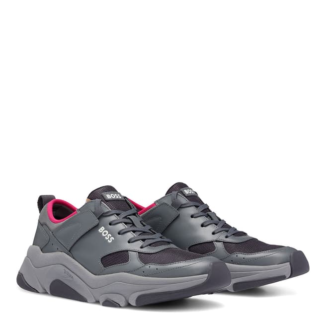 BOSS Grey Asher Run Leather Trainers