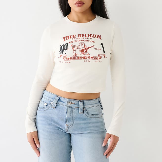 True Religion White Logo Crop Cotton Blend Top
