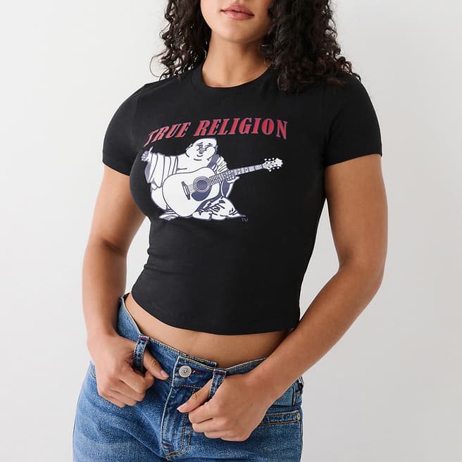 True Religion Black Cropped Graphic Cotton Blend T-Shirt