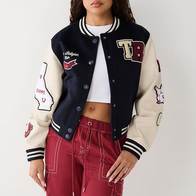 True Religion Navy Patch Logo Wool Blend Bomber Jacket