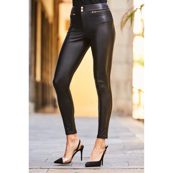 SOSANDAR Black Rose Gold Button & Zip Detail Leather Look Leggings