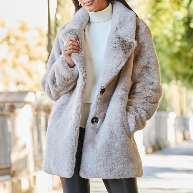 SOSANDAR Taupe Premium Faux Fur Coat With Button Detail
