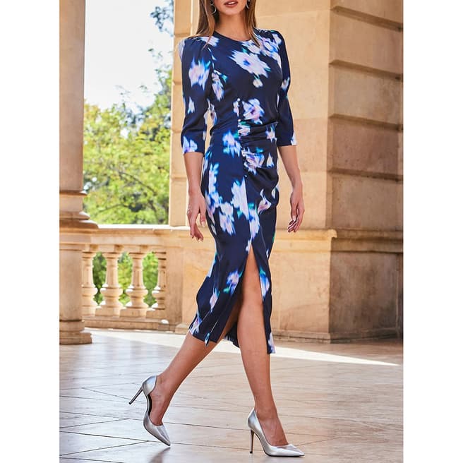 SOSANDAR Blue Floral Print Ruched Side Satin Midi Dress