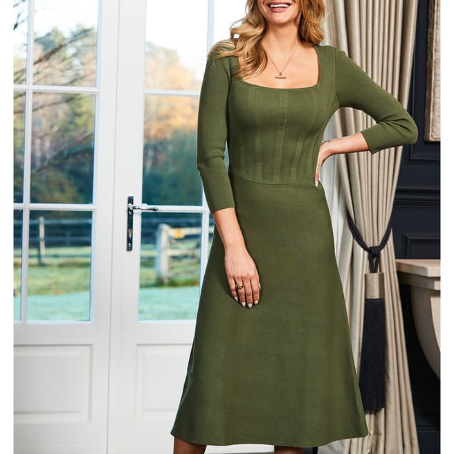 SOSANDAR Khaki Green Sculpting Detail Fit & Flare Knitted Dress