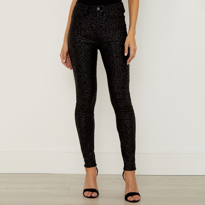 SOSANDAR Black Textured Leopard Print Coated Skinny Jeans