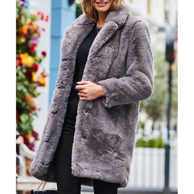 SOSANDAR Grey Luxe Faux Fur Coat