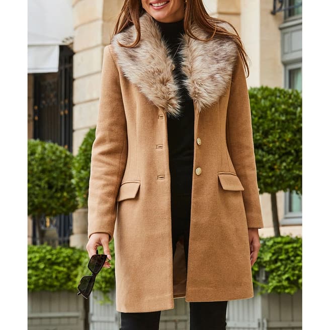 SOSANDAR Camel Faux Fur Collar Wool Blend Coat