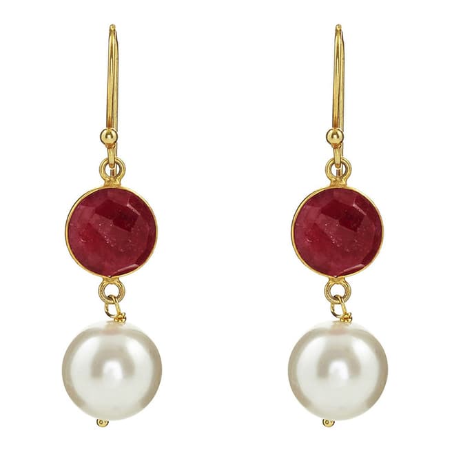 Liv Oliver 18K Gold Ruby & Pearl Drop Earrings