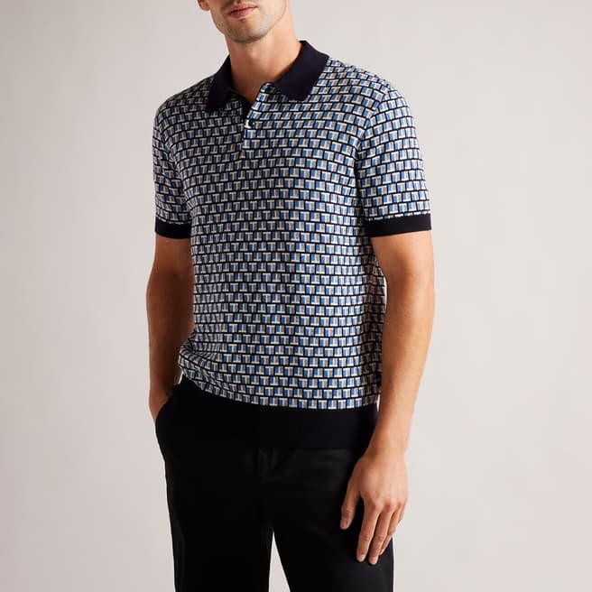 Ted Baker Blue Wool Blend Jacquard Knitted Polo Shirt