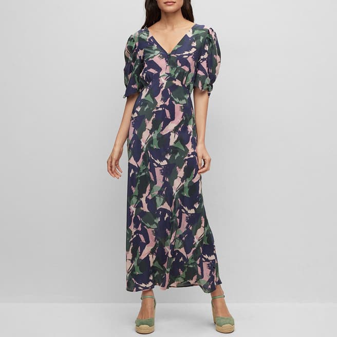 BOSS Navy/Multi Miscellaneous Silk Blend Midi Dress