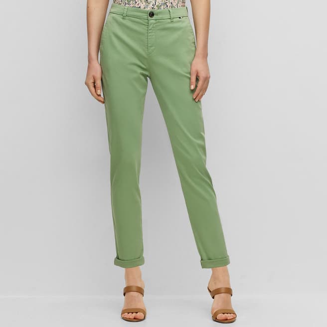 BOSS Sage Green Straight Cotton Trousers