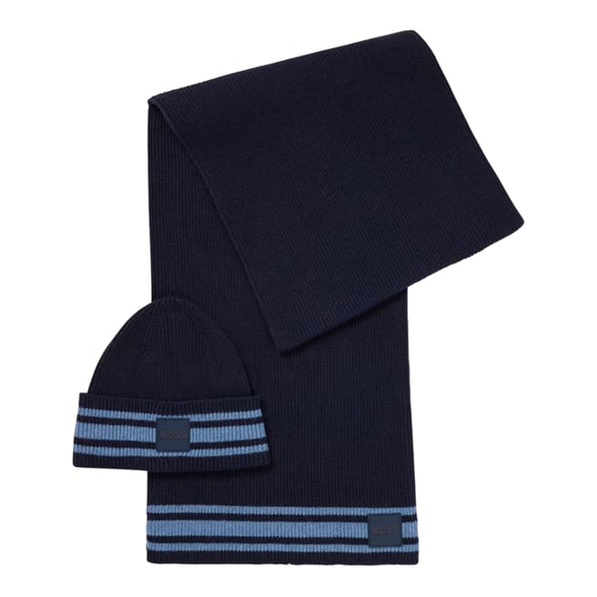 BOSS Navy Adamo Wool Blend Beanie & Scarf Set