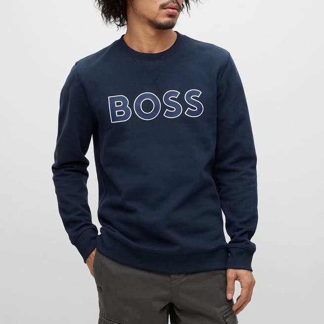 BOSS Navy Welogocrewx Cotton Blend Sweatshirt
