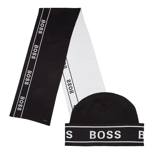 BOSS Black/White Ulfino Hat And Scarf Set