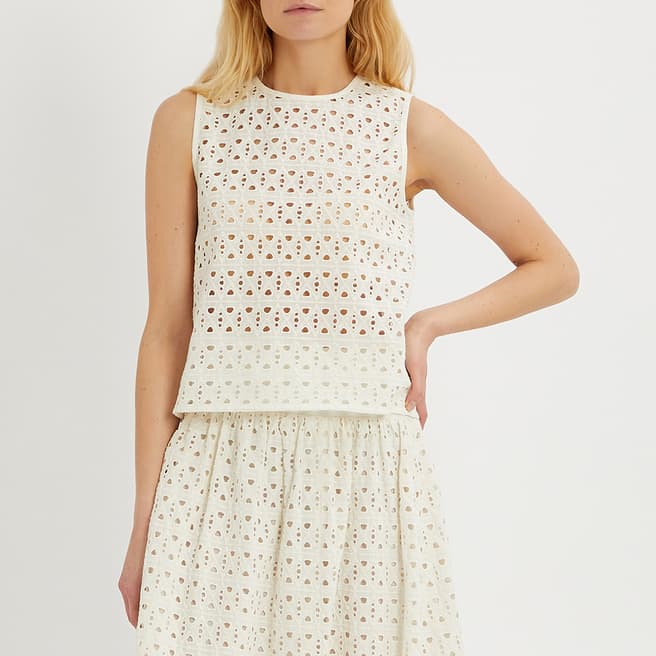 N°· Eleven Off White Cotton Broderie Sleeveless Top