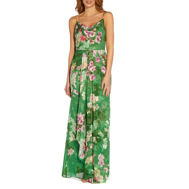 Adrianna Papell Green Cowl Jacquard Chiffon Gown