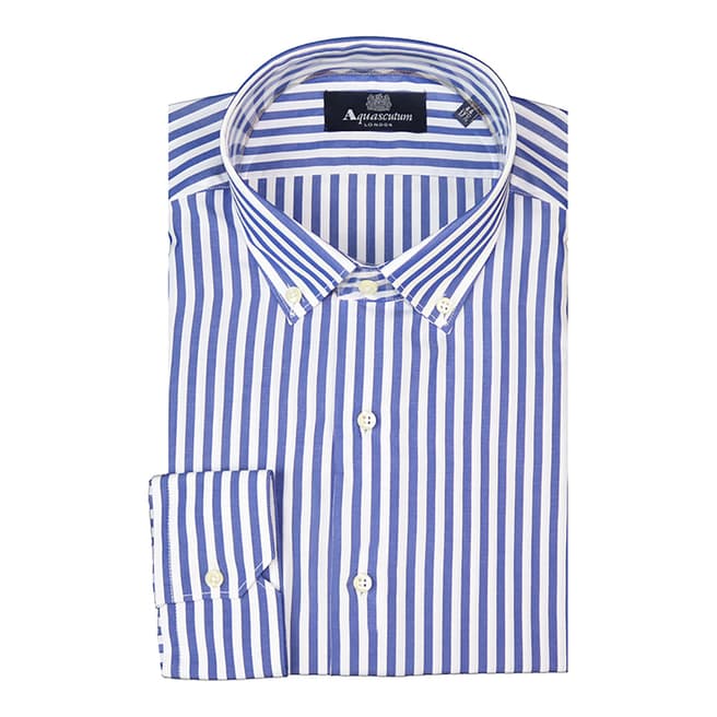 Aquascutum Dark Blue Button Down Wide Stripe Cotton Shirt