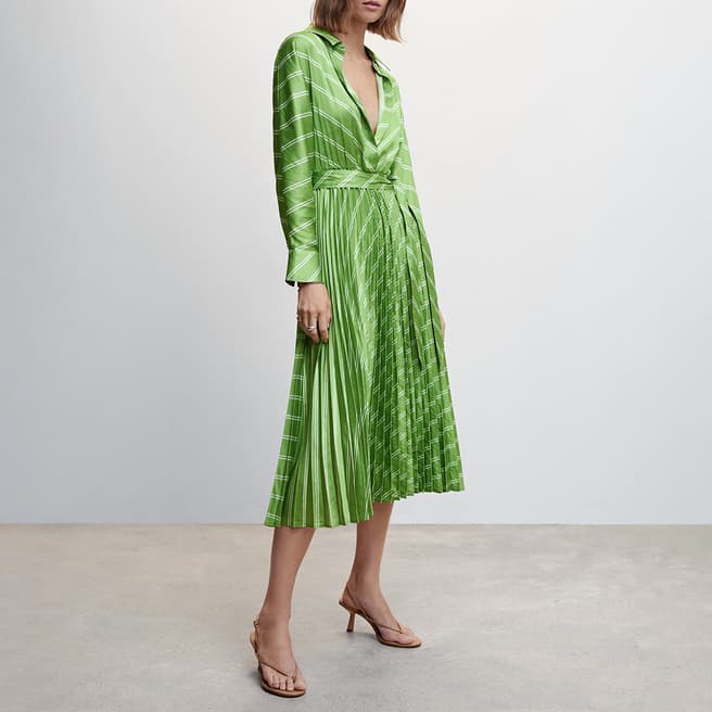 Mango Green Pleated Satin-Effect Shirt Dress