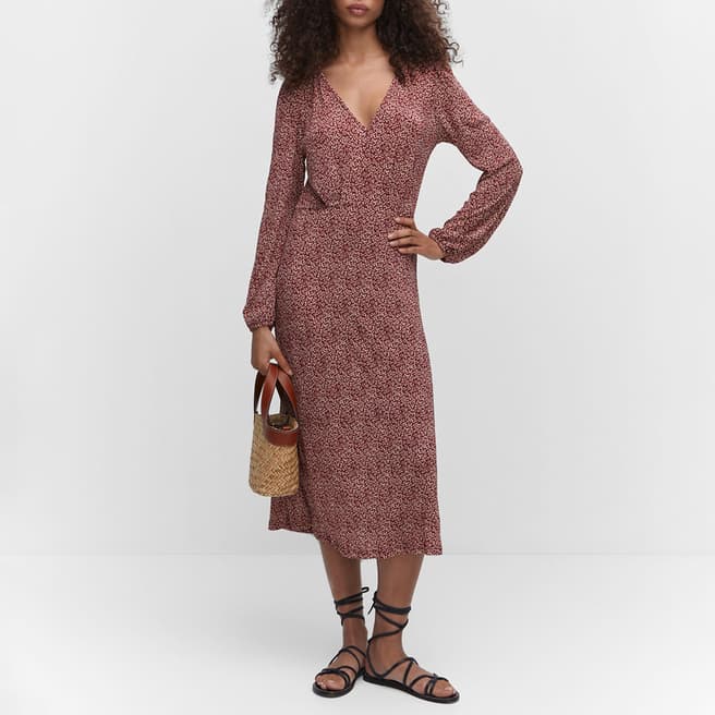 Mango Burgundy Textured Printed Dress